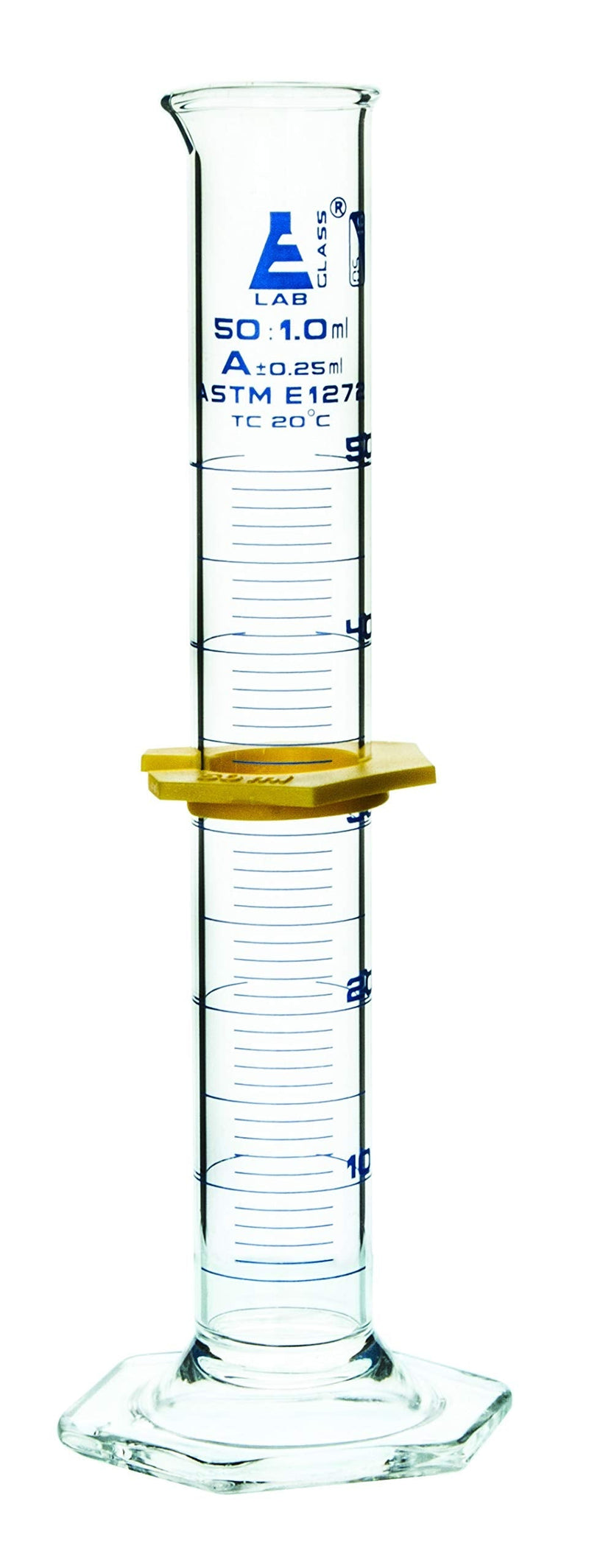 Measuring Cylinder, 50ml - ASTM, Class A Tolerance ±0.25ml - Protective Collar, Hexagonal Base - Blue Graduations - Borosilicate 3.3 Glass - Eisco Labs - NewNest Australia