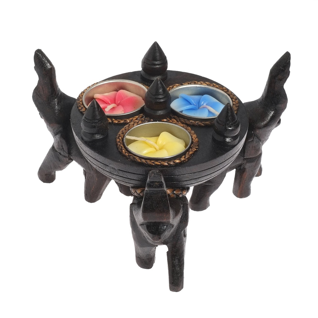 NewNest Australia - AeraVida Triple Elephant Under Round Rain Tree Wooden Candle Holder 