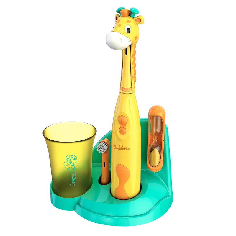 Brusheez® Kids Electric Toothbrush Set (Safari Edition) - Battery Operated, Soft Bristles, Easy On/Off, 2 Brush Heads, Animal Cover, Sand Timer, Rinse Cup, and Base - Ages 3+ (Jovie The Giraffe) Jovie - NewNest Australia