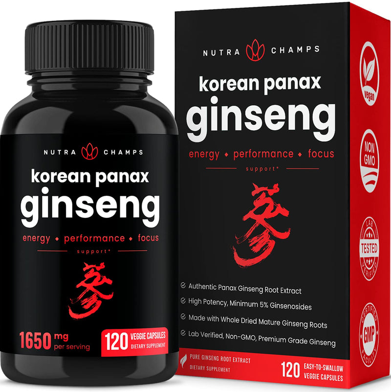NutraChamps Korean Red Panax Ginseng - 120 Vegan Capsules Extra Strength Root Extract Powder Supplement w/ High Ginsenosides - NewNest Australia