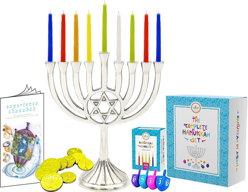 NewNest Australia - Complete Hanukkah Menorah Set - 1 Full Size 9" Menorah, 45 Multicolored Candles, 4 Multicolored Painted Wood Dreidels, 10 Chocolate Belgian Coins Gelt, 12 Full Color Page Comprehensive Chanukah Guide 