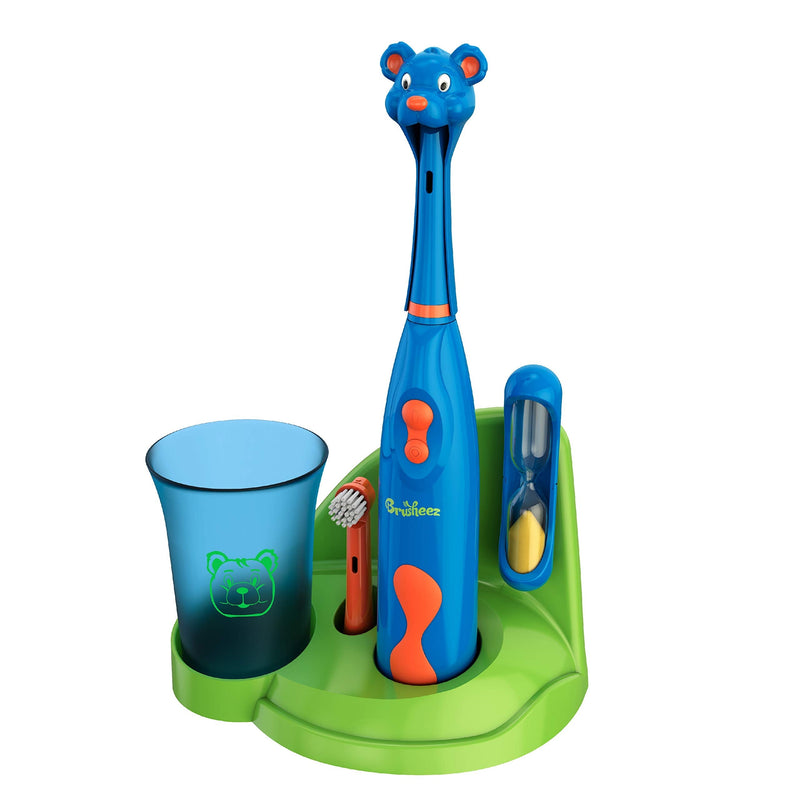 Brusheez® Kids Electric Toothbrush Set (Carnivore Edition) - Battery Operated, Soft Bristles, Easy On/Off, 2 Brush Heads, Animal Cover, Sand Timer, Rinse Cup, and Base - Ages 3+ (Buddy The Bear) Buddy the Bear - NewNest Australia