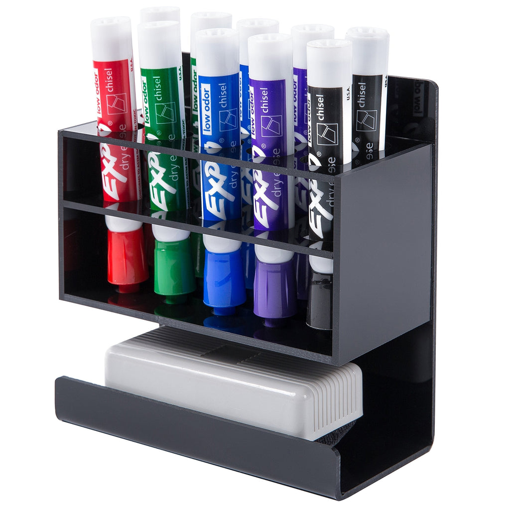 MyGift Wall Mounted Black Acrylic Dry Erase Whiteboard Marker Holder Stand with 10 Marker Slots and Eraser Holder - NewNest Australia