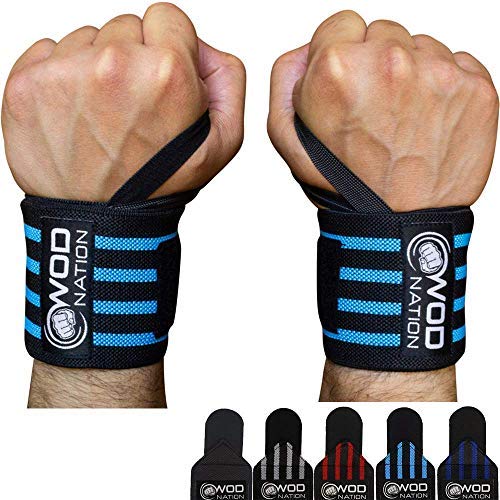 WOD Nation Wrist Wraps Weightlifting for Men & Women - Weight Lifting Wrist Wrap Set of 2 forCrossfit and Cross Training (12" or 18") + Includes Carrying Bag Black / Light Blue 12 inch - NewNest Australia
