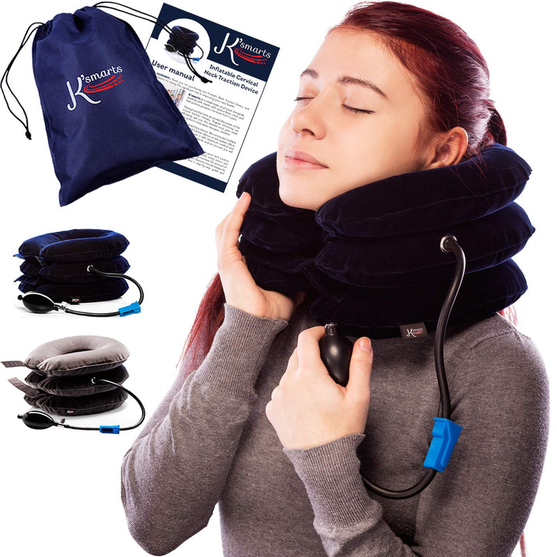 Pinched Nerve Neck Stretcher Cervical Traction Device for Home Pain Treatment | Inflatable Spinal Decompression Collar Unit Muscle Strain Injury Relief | Herniated Disc Problems Remedy Kit (Blue) Blue - NewNest Australia