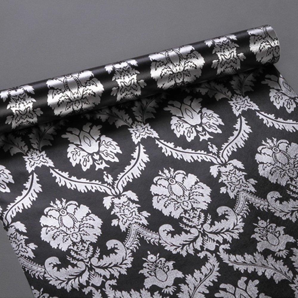 NewNest Australia - Yifely SimpleLife4U Silver Damask Furniture Paper Decorative Black Shelf Drawer Liner Peel & Stick 17x118 Inches by SimpleLife4U 