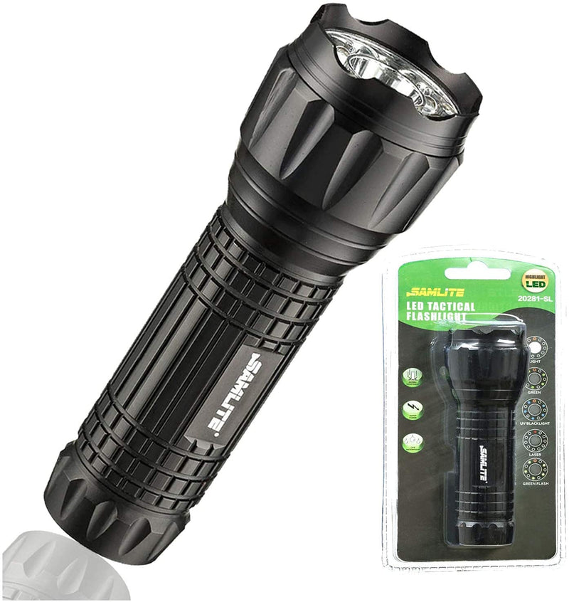 SAMLITE- LED Tactical Flashlight With 5 Options, Bright LED Light, Laser Pointer, UV Blacklight, Green Light and Magnetic Bottom - Water Resistant - (3 AAA Batteries Included) - NewNest Australia