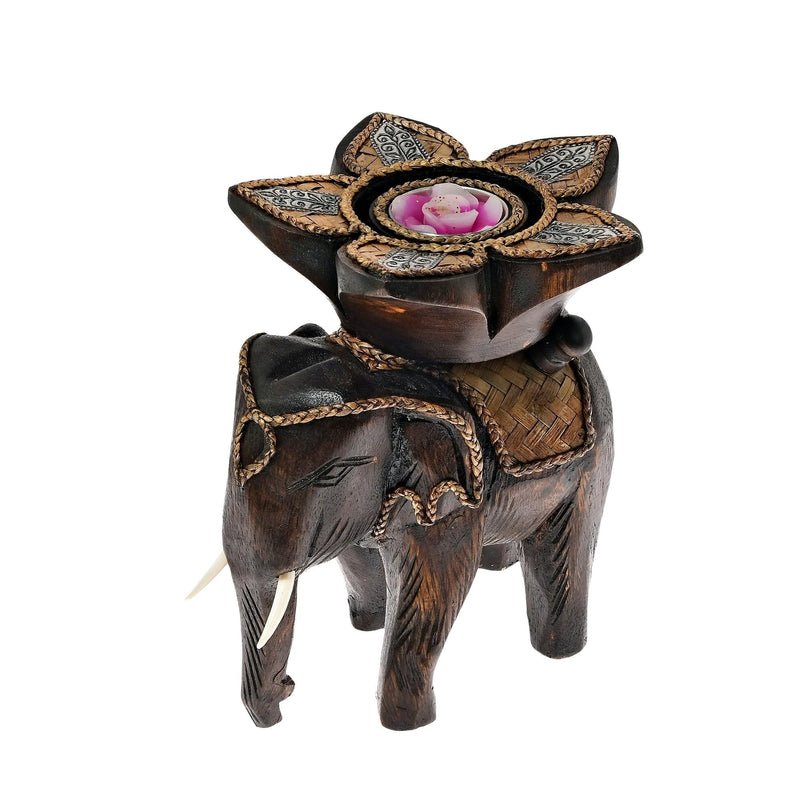 NewNest Australia - AeraVida Royal Elephant with Flower Candle Holder Rain Tree Wood Handmade 