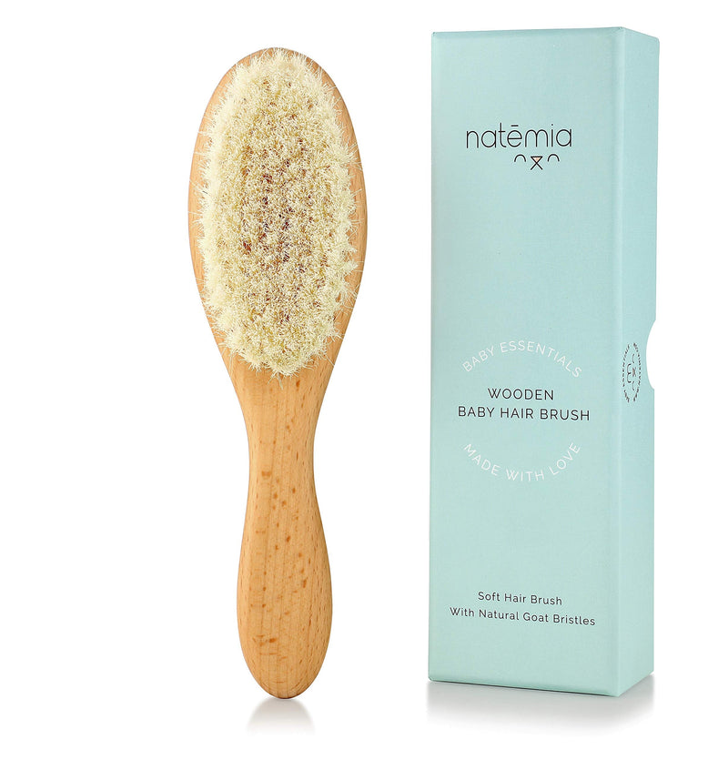 Natemia Quality Wooden Baby Hair Brush for Newborns & Toddlers | Natural Soft Goat Bristles | Ideal for Cradle Cap | Perfect Baby Registry Gift - NewNest Australia