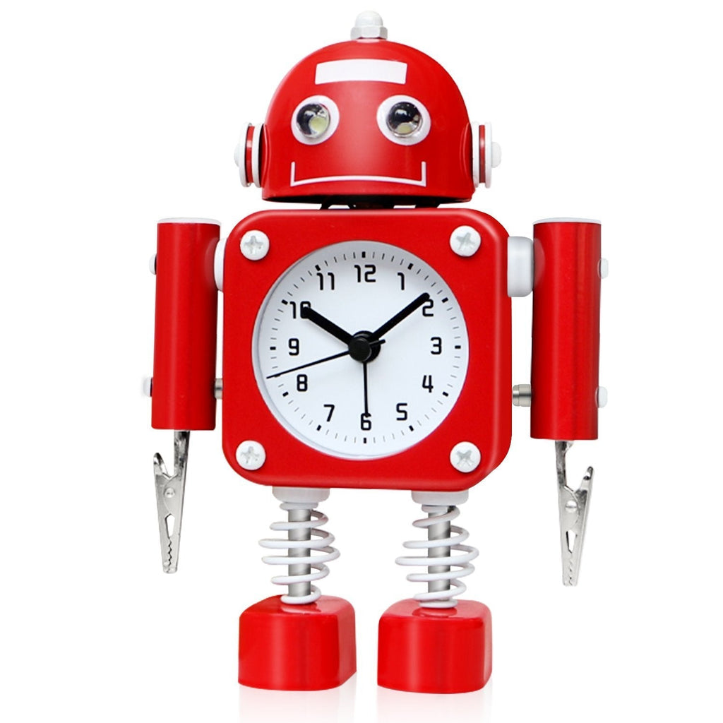 NewNest Australia - Betus Non-Ticking Robot Alarm Clock Stainless Metal - Wake-up Clock with Flashing Eye Lights and Hand Clip (Ruby Red) Ruby Red 