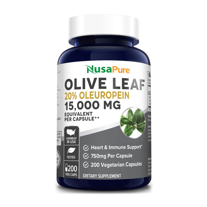 Olive Leaf 15,000 mg 200 Capsules 20% Oleuropein (Extract Ratio 20:1 750mg, Vegan, Non-GMO & Gluten-Free) Super Strength - No Oil - NewNest Australia