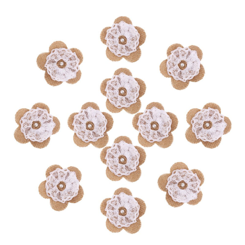 DECORA 12 Pieces Handmade Burlap Lace Rose Flowers with Pearl for Wedding Decoration and Craft Making 12pc Burlap Flower With Lace - NewNest Australia