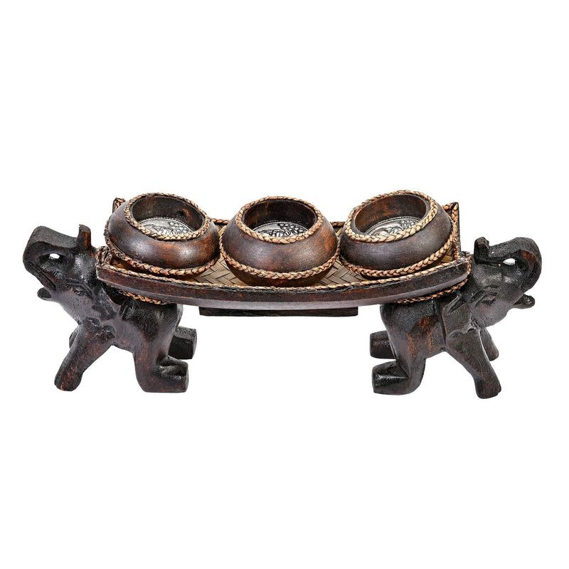 NewNest Australia - Happy Twin Elephants Carrying Three Vases Rain Tree Wood Candle Holder 