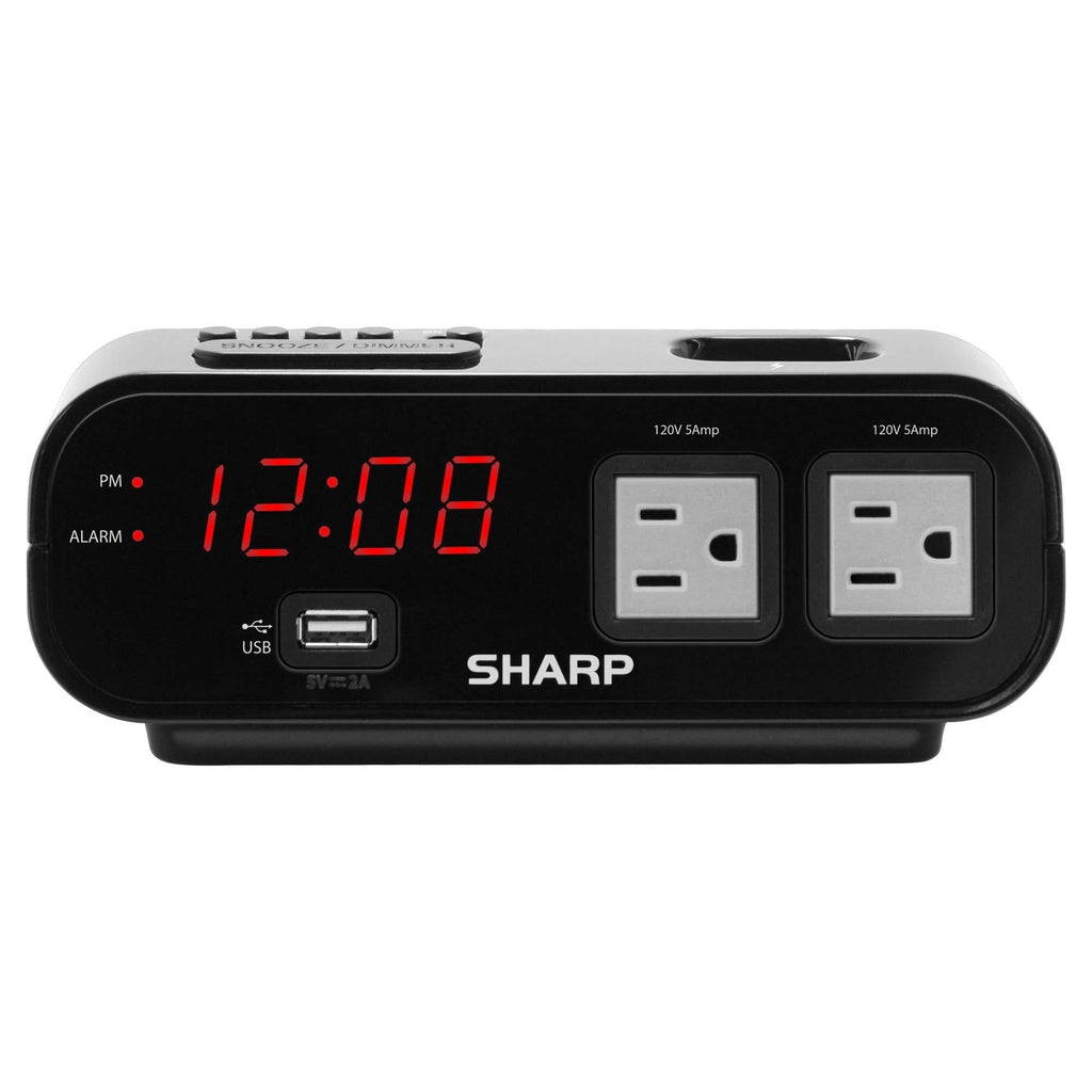 NewNest Australia - Sharp Digital Alarm Clock with 2X Power Outlets with Surge Protect and Rapid Charge USB Port - Grey Outlets Black 