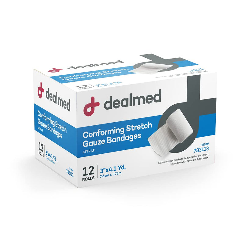 Dealmed 3" Sterile Conforming Stretch Gauze Bandages, 12 Gauze Bandage Rolls, 4.1 Yards Stretched Gauze Rolls, Wound Care Product 3 Inch (Pack of 12) - NewNest Australia