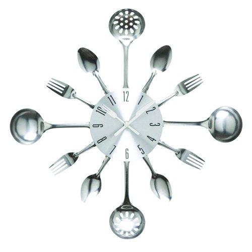 NewNest Australia - Timelike Wall Clock, 16" Metal Kitchen Cutlery Utensil Spoon Fork Wall Clock Creative Modern Home Decor Antique Style Wall Watch (Silver) Silver 