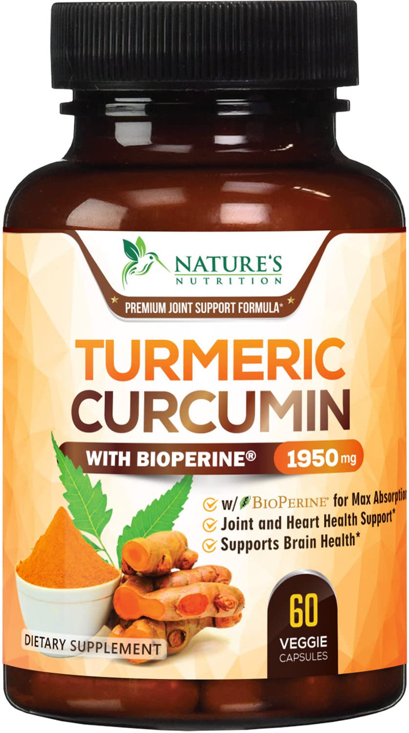Turmeric Curcumin Highest Potency 95% Curcuminoids 1950mg with BioPerine Black Pepper for Ultra High Absorption, Made in USA, Best Vegan Joint Support by Natures Nutrition - 60 Capsules 60 Count (Pack of 1) - NewNest Australia