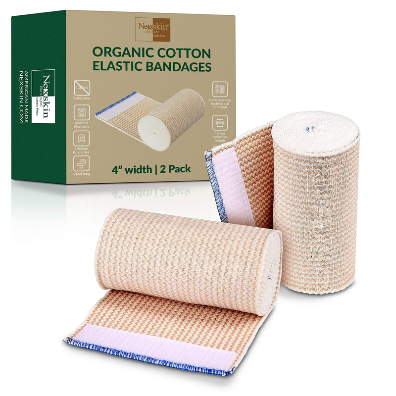 Premium Elastic Bandage Wrap (4” Wide, 2 Pack) - Nexskin Latex Free Athletic/Medical Compression Bandages Hook & Loop Fasteners at Both Ends - Lifetime Washable & Reusable USA Organic Cotton Bandage 4 Inch (Pack of 2) - NewNest Australia