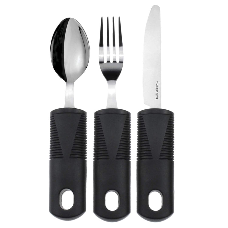 Vive Adaptive Utensil Set - Arthritis Aid Silverware for Parkinsons, Hand Tremors - Easy Grip for Shaking and Trembling Hands - Heavy Stainless Steel Spoon, Fork, Serrated Knife - Non Weighted Holder - NewNest Australia
