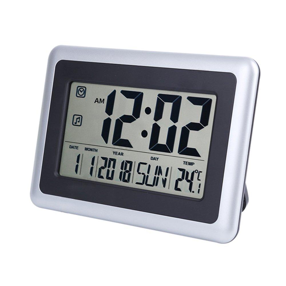 NewNest Australia - UMEXUS Large Display Digital Wall Clock Desk Alarm Clock with Calendar & Temperature Battery Operated Decoration Clock for Kitchen Bedroom Office School (Silver) 2138 Desk/Wall Clock with Indoor Temp 