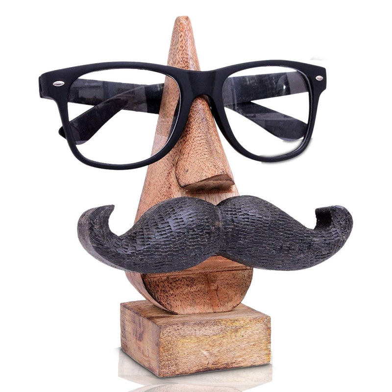 NewNest Australia - IndiaBigShop Wooden Hand Carved Classic Sheesham Nose-Shaped 6 Inch Eyeglass Spectacle Holder with Black Mustache Perfect Look 