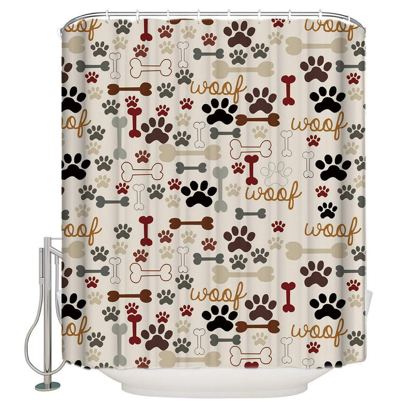 CHARMHOME Dog Paws Shower Curtains with Bones Pattern Print Waterproof Polyester Fabric Bathroom Curtain Decor Include 12 Hooks, 72x72 Inches - NewNest Australia