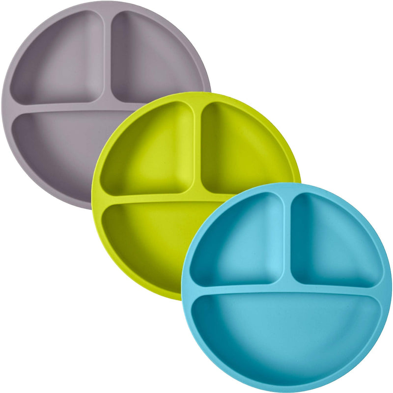 WeeSprout 100% Silicone Plates for Toddlers | 3 Pc Set | Divided Baby Plates | Non-Toxic, BPA Free | Dishwasher & Microwave Friendly | Skidproof & Unbreakable| Silicone Kids Plates with Dividers Bright Green, Blue & Grey Without Lids - NewNest Australia