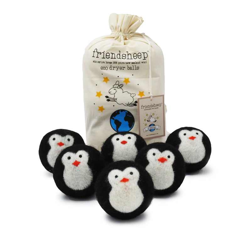 Friendsheep Wool Dryer Balls, Organic Fair Trade Reusable Fabric Softener, Extra Large, 6 Pack, Black Penguin - Cool Friends - NewNest Australia