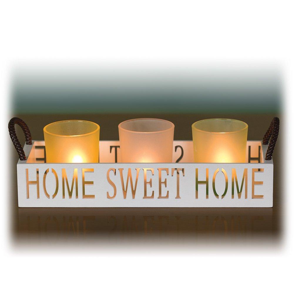 NewNest Australia - Dawhud Direct Home Sweet Home 3 Glass Candle Holder Set, LED Tealights and Decorative Tray 