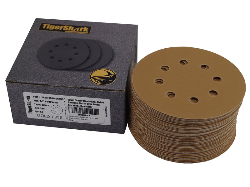 TigerShark 5 Inch Sanding Discs 8 Hole Grit 320 50pcs Pack Special Anti Clog Coating Tigershark Paper Gold Line Hook and Loop Dustless Random Orbital Sander Paper Very Fine G320/50pcs - NewNest Australia