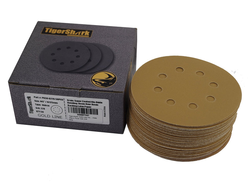 TigerShark 5 Inch Sanding Discs 8 Hole Grit 220 50pcs Pack Special Anti Clog Coating Tigershark Paper Gold Line Hook and Loop Dustless Random Orbital Sander Paper Fine G220/50pcs - NewNest Australia