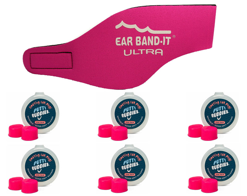 Ear Band-It Ultra Swimming Headband with Putty Buddies earplugs - 6 Pair Soft Silicone Premium Ear Plugs - The Best Swim Headband and Earplugs - Doctor Recommended Hot Pink Medium (ages 2 to 8yrs) - NewNest Australia