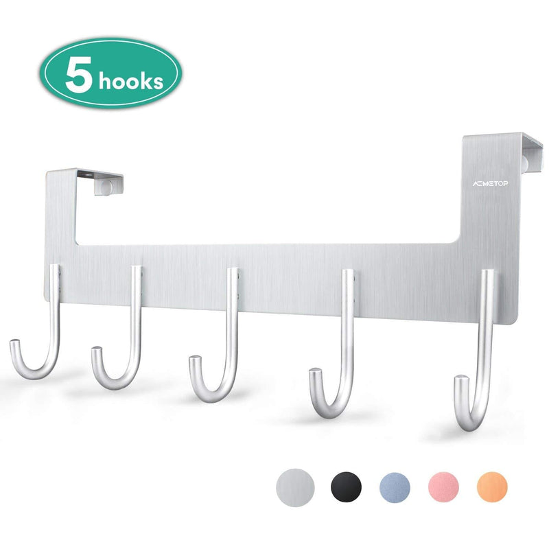 NewNest Australia - Over The Door Hook Hanger by ACMETOP, Heavy-Duty Organizer for Coat, Towel, Bag, Robe - 5 Hooks, Aluminum, Brush Finish (Silver) Silver 