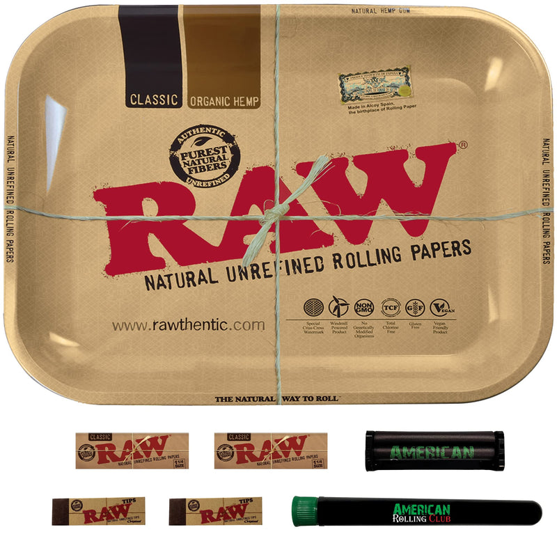 RAW Rolling Tray Combo Includes RAW Tray, RAW 1 1/4 Rolling Papers, RAW Tips, American Rolling Club 79mm Roller and Tube (Large) Large - NewNest Australia