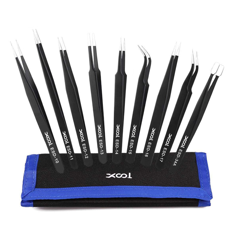 Precision Tweezers Set, XOOL 9 PCS ESD Tweezers Set, Anti-Static Stainless Steel Tweezers Kit, Non-magnetic and Multi-standard Stainless Steel Tweezers for Lab, Electronics, Jewelry and Detailed Work ESD Tweezers 9 PCS - NewNest Australia