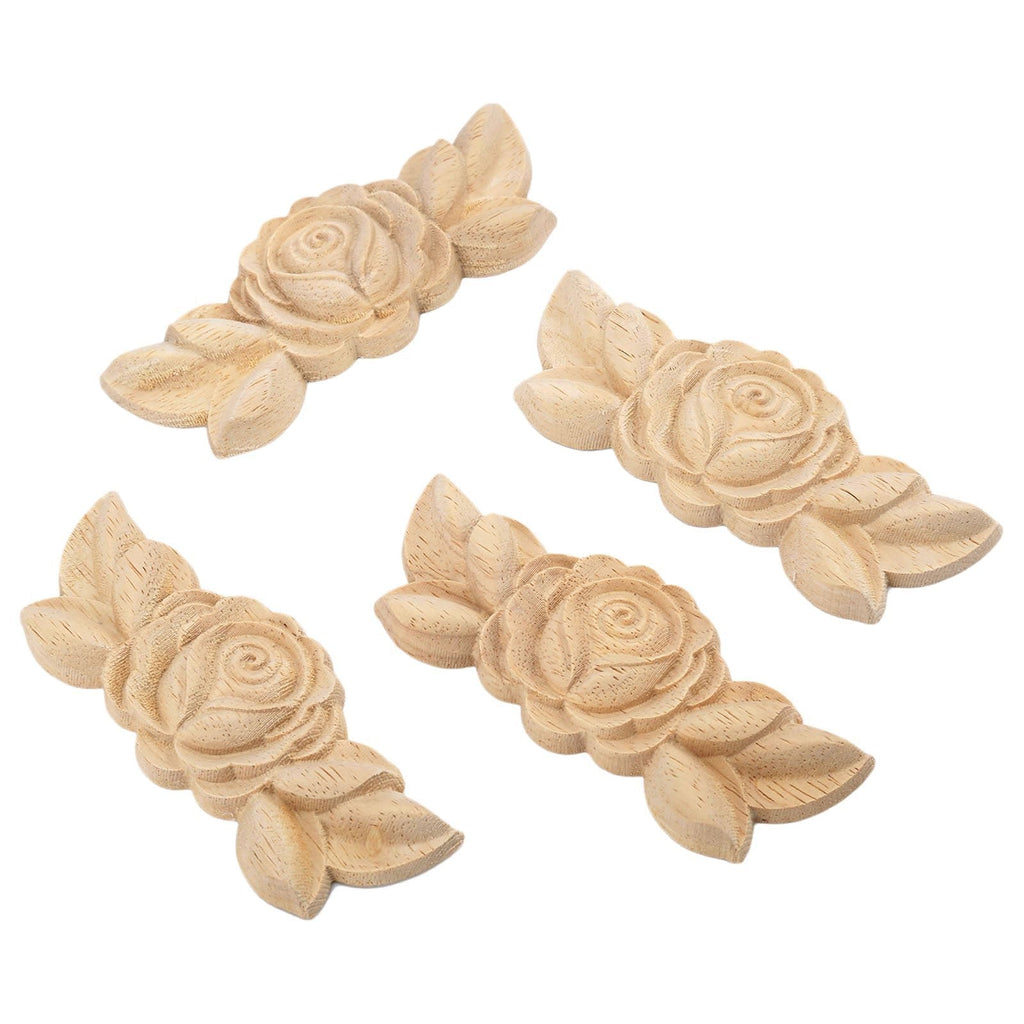 NewNest Australia - MUXSAM 4Pcs Wood Carved Molding Corner Onlay Applique Rose with Stem Door Cabinet Decor Unpainted Dress Up Furniture, 9x3.5x0.8cm/3.54"x1.38"x0.3", E Style 4-Pack E-style 