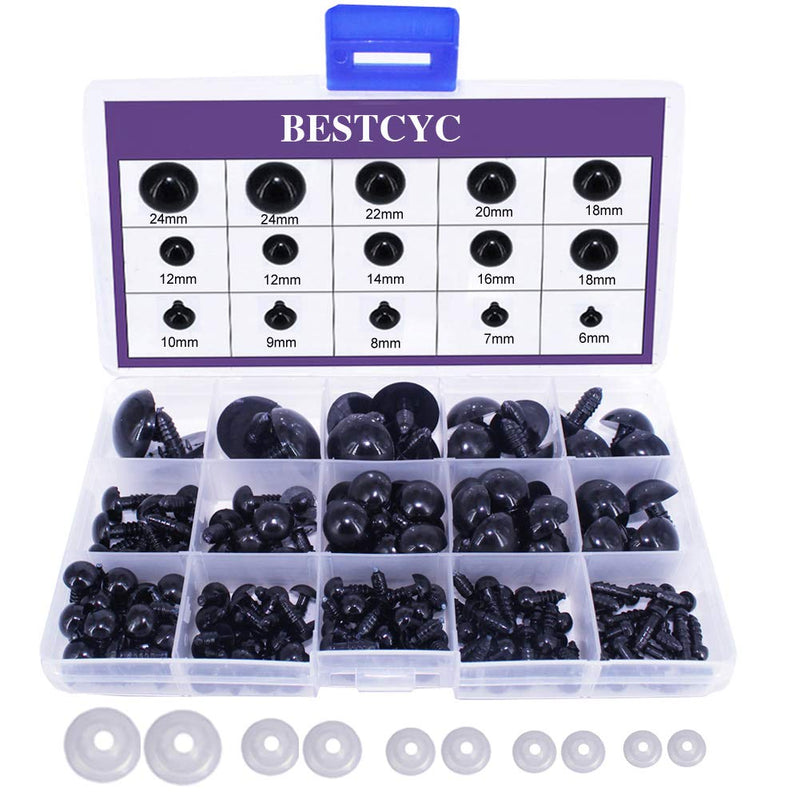 BESTCYC 1box(154pcs) 6/7/8/9/10/12/14/16/18/20/22/24mm Black Solid Plastic Safety Eyes Craft Safety Eyes DIY Eyes with Washers for Teddy Bear Doll Plush Animal Puppet Crafts #1Style - NewNest Australia