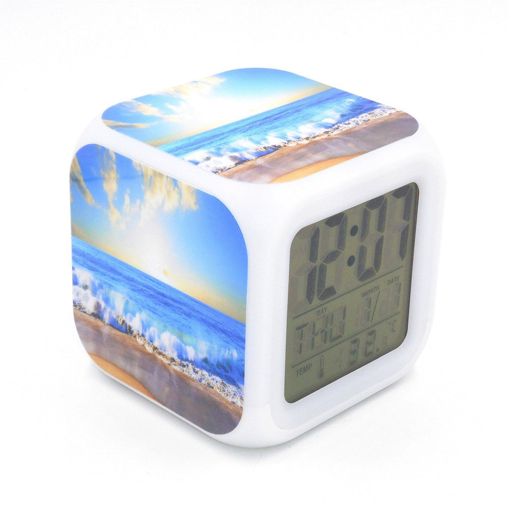 NewNest Australia - BoFy Led Alarm Clock Ocean Sea Beach Vacation Pattern Personality Creative Noiseless Multi-Functional Electronic Desk Table Digital Alarm Clock for Unisex Adults Kids Toy Gift 