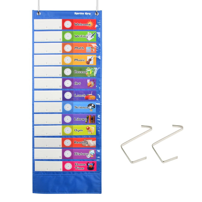 Daily Schedule Pocket Chart， Class Schedule with 26 Cards, 13+1 Pockets. 13 Colored + 13 Blank Double-Sided Reusable Cards, Easy Over-Door Mountings Included. (13” x 36”) Blue - NewNest Australia