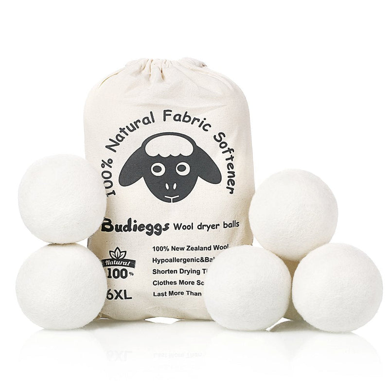 Budieggs Wool Dryer Balls Organic XL 6-Pack, 100% New Zealand Chemical Free Fabric Softener for 1000+ Loads, Baby Safe & Hypoallergenic, Reduce Wrinkles & Shorten Drying Time Naturally White-xl - NewNest Australia