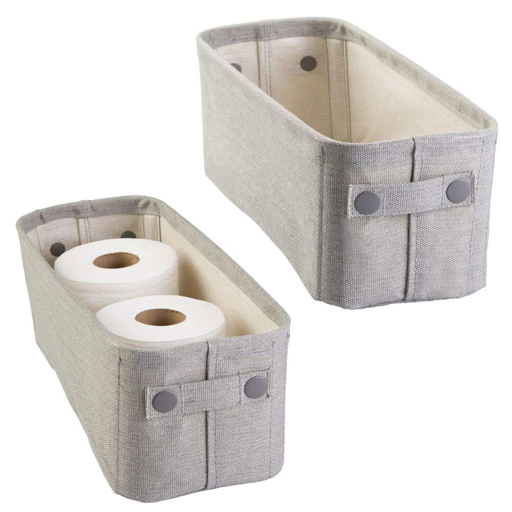 mDesign Soft Cotton Fabric Bathroom Storage Bin with Coated Interior and Attached Handles - Organizer for Towels, Toilet Paper Rolls - for Back of Toilet, Cabinets, and Vanities, 2 Pack - Light Gray 15 x 6 x 5.5 - NewNest Australia