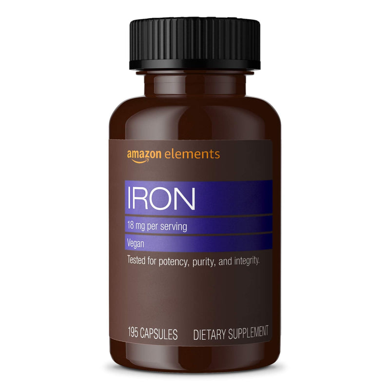 Amazon Elements Iron 18mg, Supports Red Blood Cell Production, Vegan, 195 Capsules, 6 month supply (Packaging may vary) - NewNest Australia