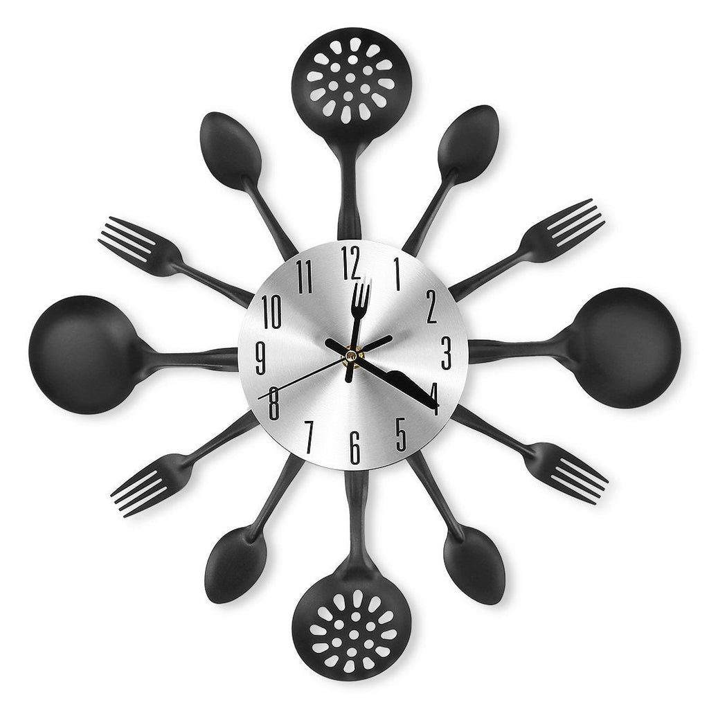 NewNest Australia - CIGERA 14" Kitchen Cutlery Wall Clock with Forks and Spoons for Home Decor,Black Black 