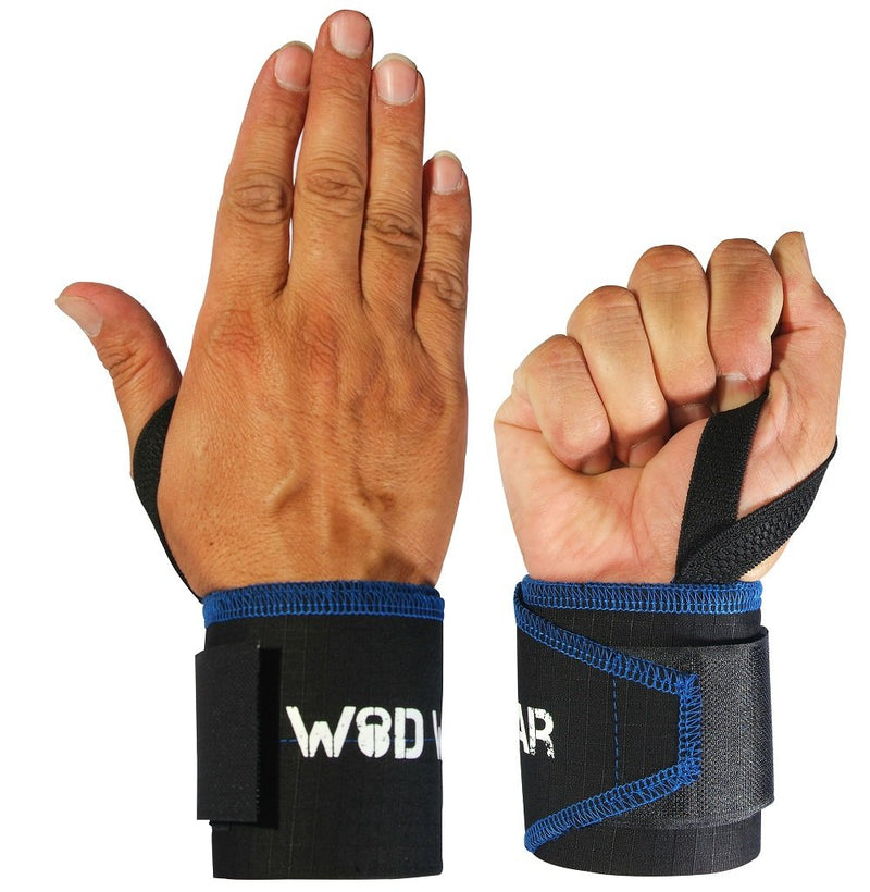 WOD Wear Wrist Wraps with Thumb Loop for Powerlifting, Strength Training, Bodybuilding, Cross Training, Olympic Weightlifting, Yoga - One Size Fits All - 100% Black // Blue Stitch - NewNest Australia
