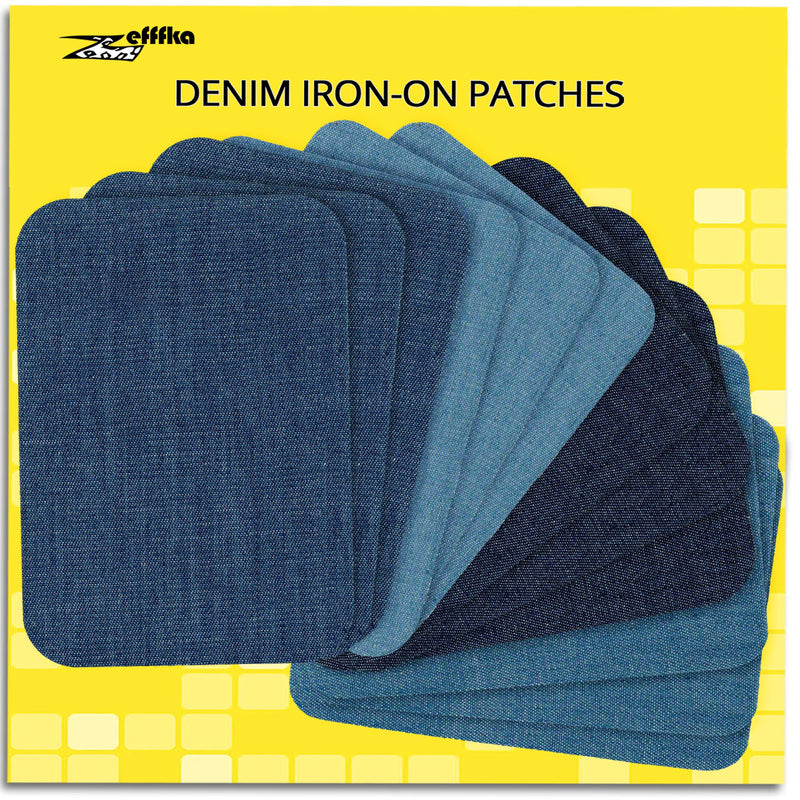 ZEFFFKA Premium Quality Denim Iron-on Jean Patches Inside & Outside Strongest Glue 100% Cotton Assorted Shades of Blue Repair Decorating Kit 12 Pieces Size 3" by 4-1/4" (7.5 cm x 10.5 cm) - NewNest Australia