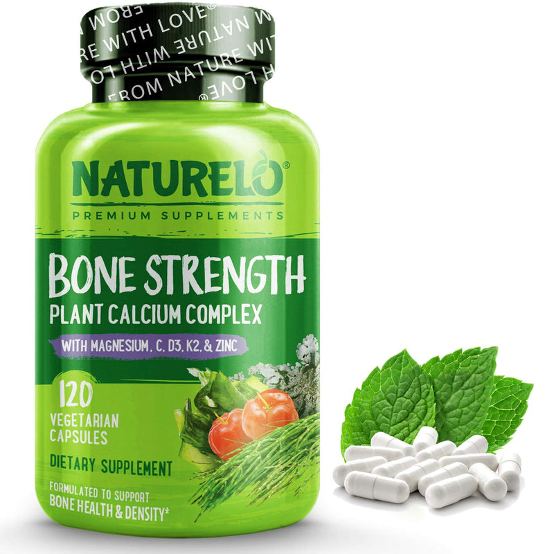 NATURELO Bone Strength - Plant-Based Calcium, Magnesium, Potassium, Vitamin D3, VIT C, K2 - GMO, Soy, Gluten Free Ingredients - Whole Food Supplement for Bone Health - 120 Vegan Friendly Capsules 120 Count (Pack of 1) - NewNest Australia