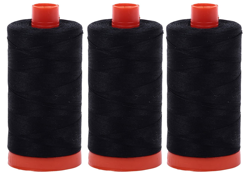 3-PACK - Aurifil 50WT - Black, Solid - Mako Cotton Thread - 1422Yds EACH - NewNest Australia