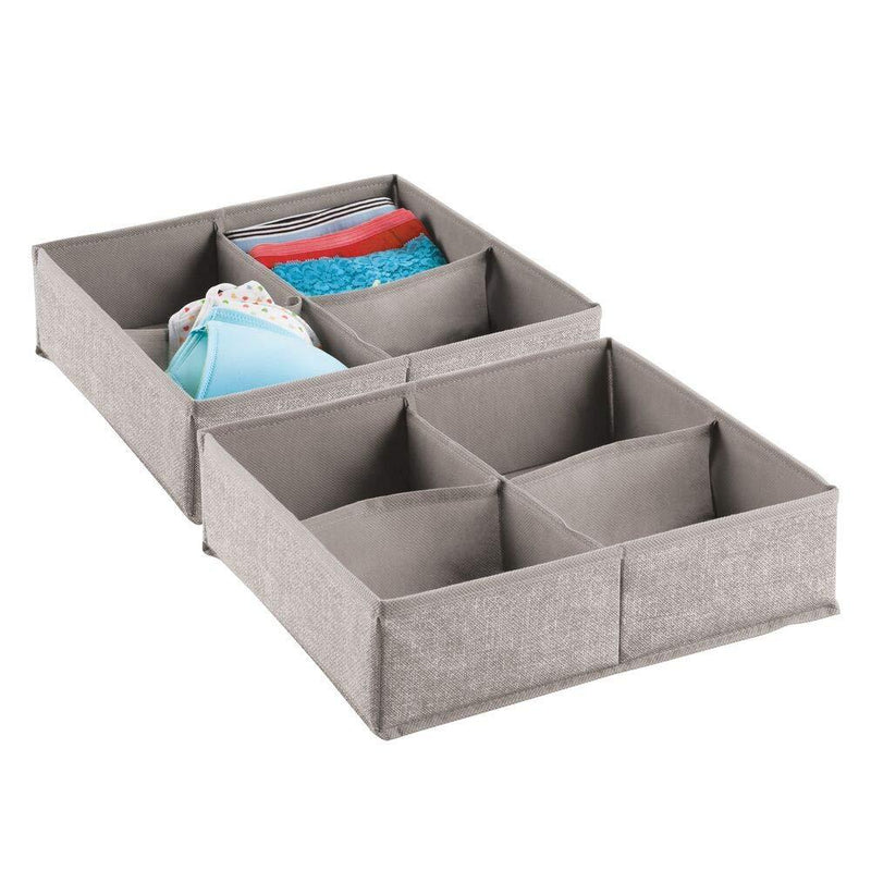 NewNest Australia - mDesign Soft Fabric Dresser Drawer and Closet Storage Organizer Bin for Lingerie, Bras, Socks, Leggings, Clothes, Purses, Scarves - Divided 4 Section Tray - Textured Print, 2 Pack - Linen/Tan 