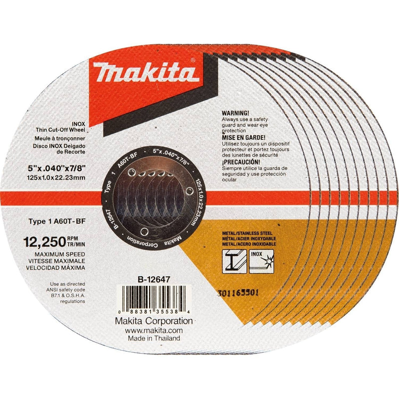 Makita B-12647-10 5" x .040" x 7/8" INOX Thin Cut-Off Wheel, 10/Pk - NewNest Australia