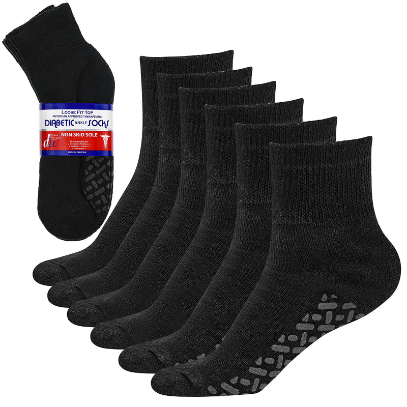 6 Pairs Non-Binding Loose Fit Sock - Non-Slip Diabetic Socks for Men and Women - Ankle Black Ankle Black With Grips 9-11 - NewNest Australia